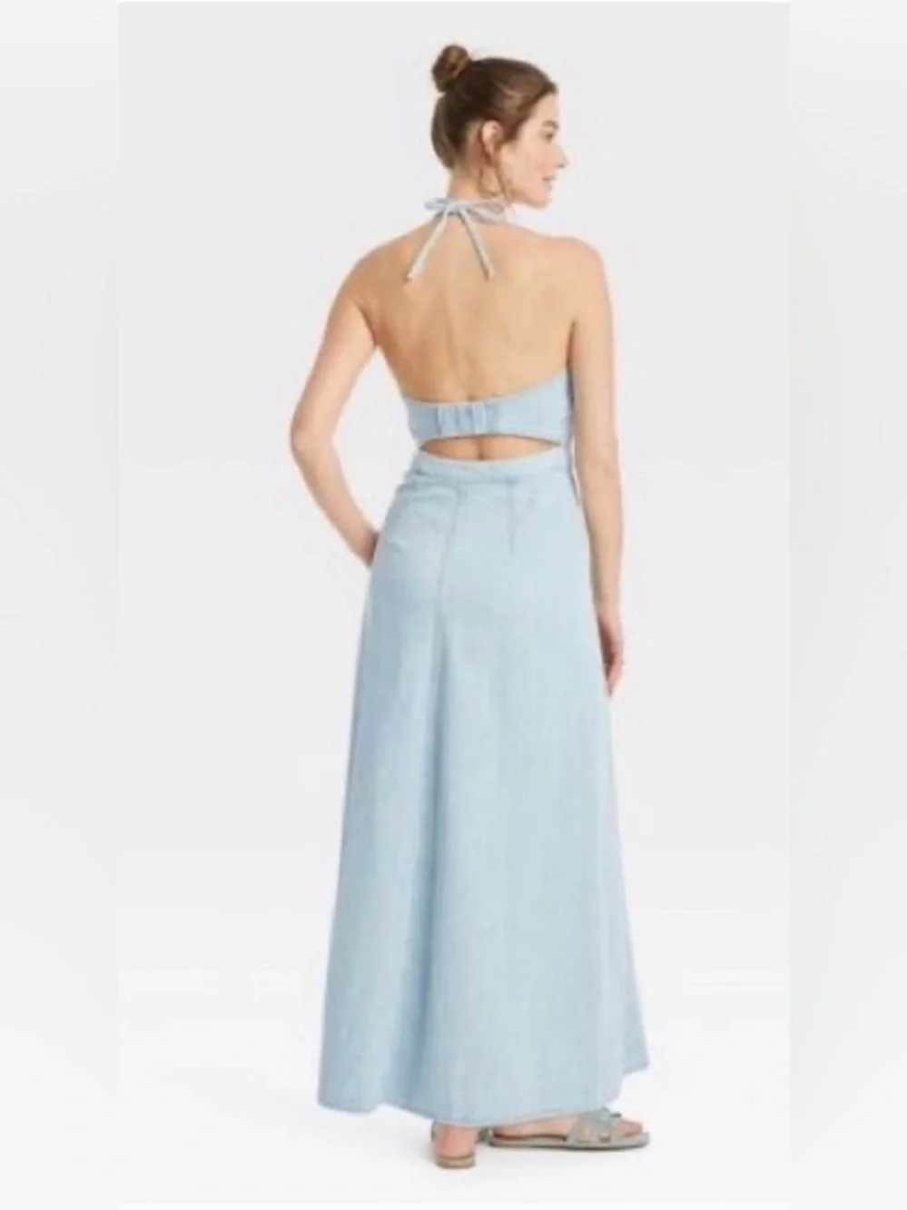 Universal Thread Light Wash Denim Halter Maxi Dress Open Back Pockets Size 12 - Picture 3 of 12
